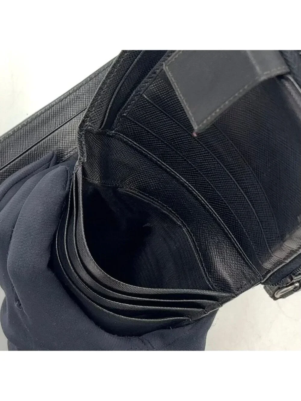 Prada Zip Around Leather Nylon Black Wallet Silver